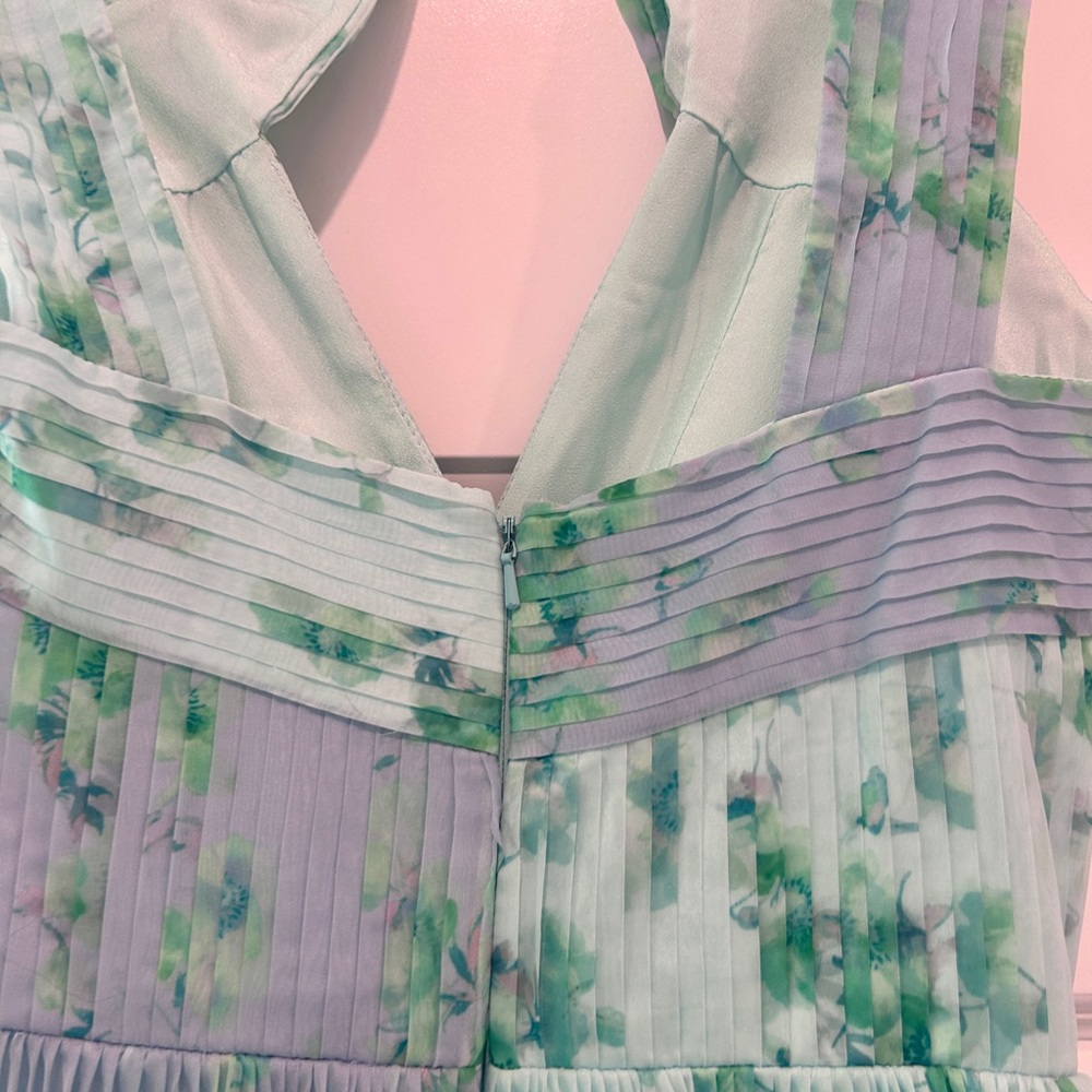 THEIA Pleated Chiffon Dress Blue Green Watercolor Halter Midi 4 Wedding Guest - Picture 10 of 15